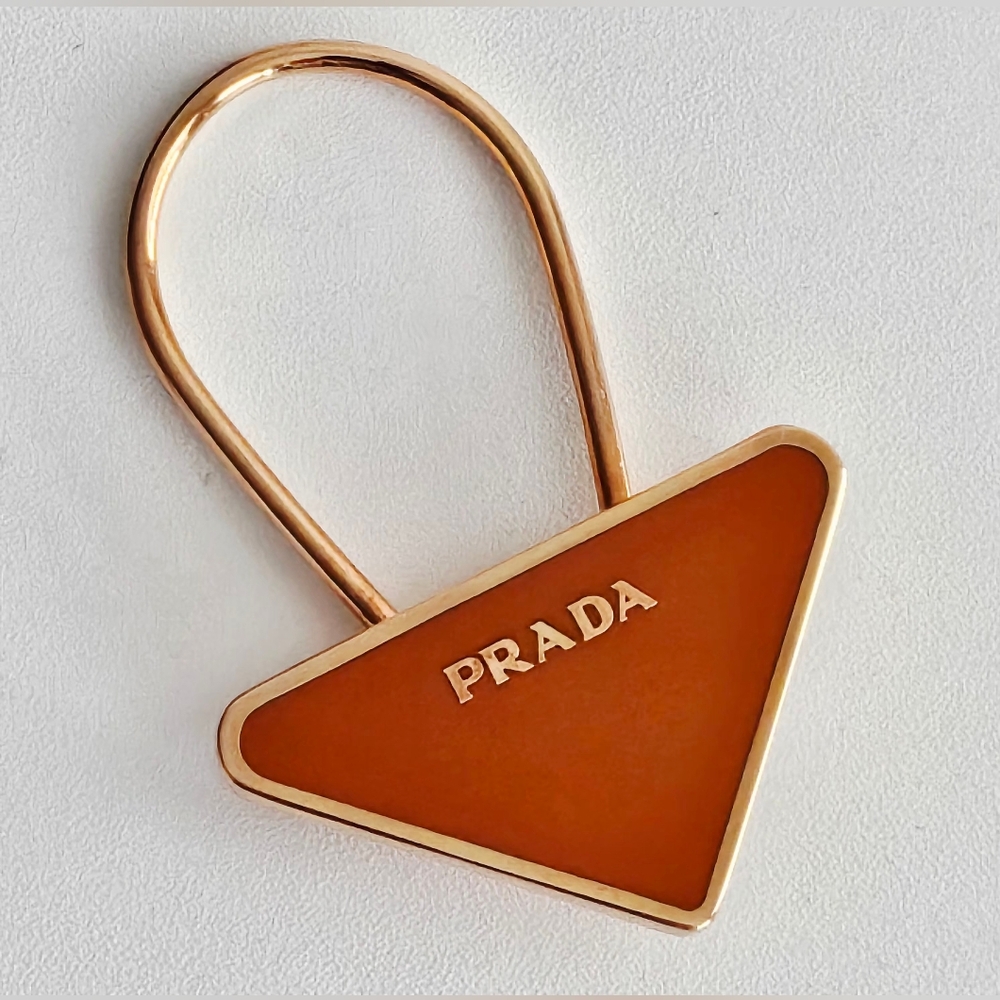 Prada Brown Caramel Triangle Logo Enamel Bag Charm / Key Chain